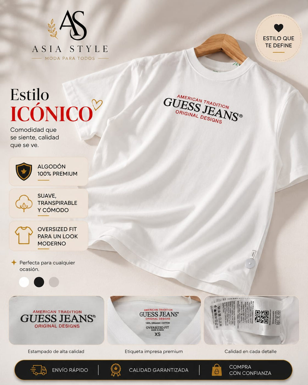 Camiseta GUESS Jeans Oversized – Blanca Premium